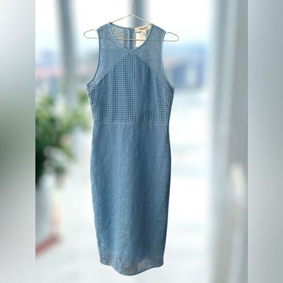 DIANE VON FURSTENBURG DVF Sleeveless Blue Mixed Lace Midi Sheath Dress Size 12 - Picture 6 of 16